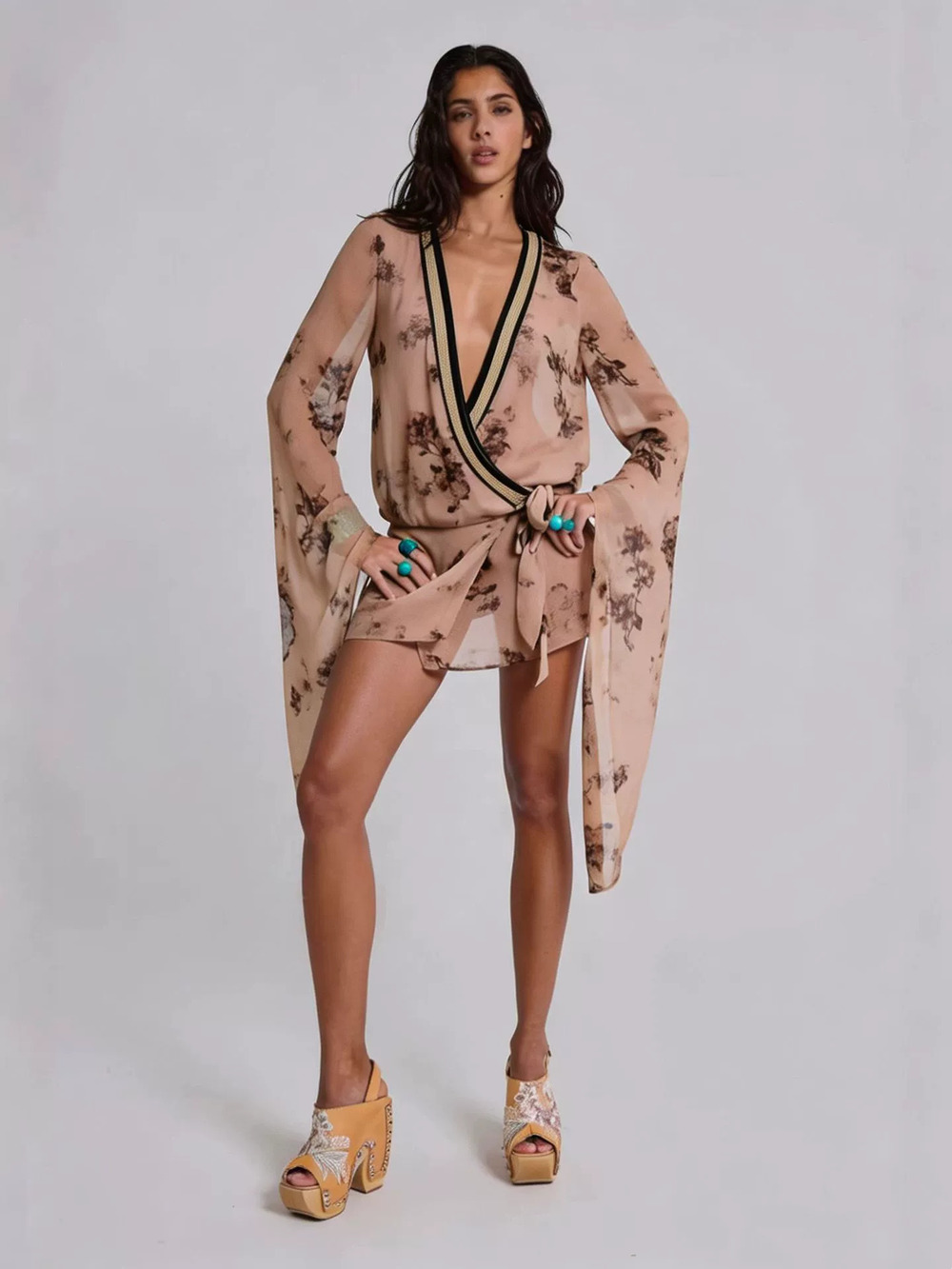 Zara Floral Print Deep V-Neck Flutter Sleeve Tie Waist Bodycon Dress